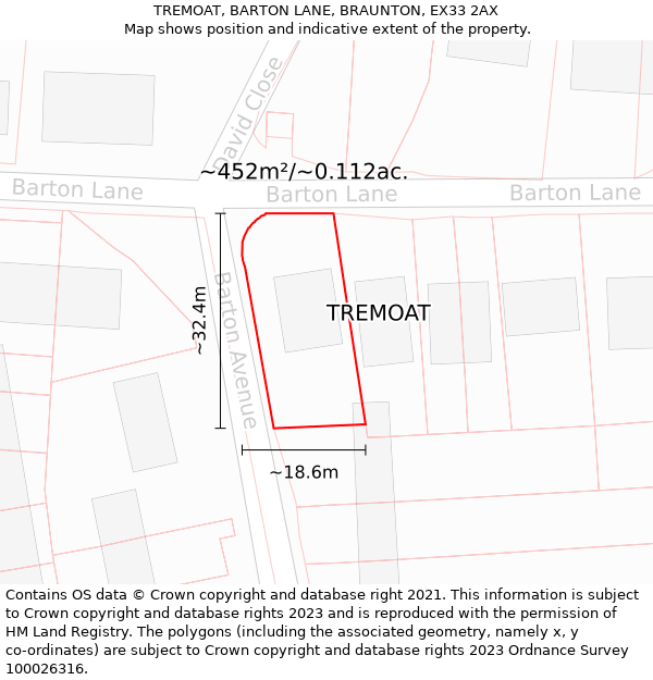 TREMOAT, BARTON LANE, BRAUNTON, EX33 2AX: Plot and title map