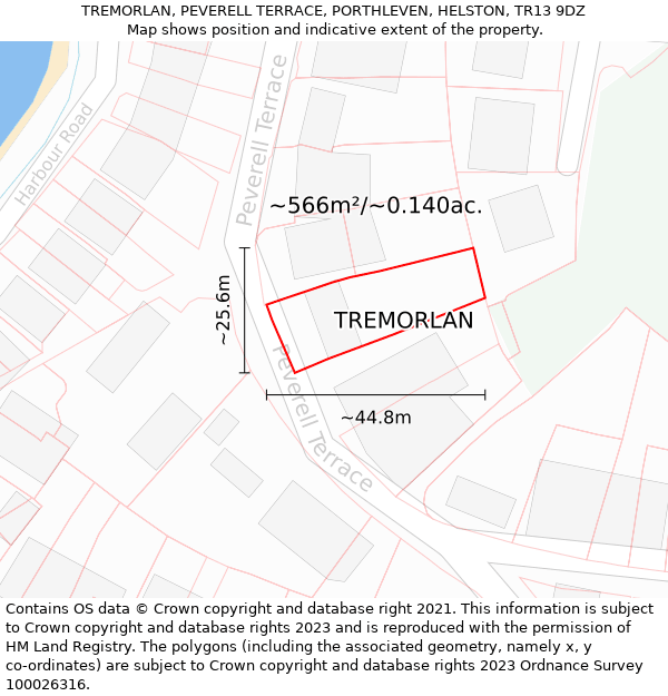 TREMORLAN, PEVERELL TERRACE, PORTHLEVEN, HELSTON, TR13 9DZ: Plot and title map