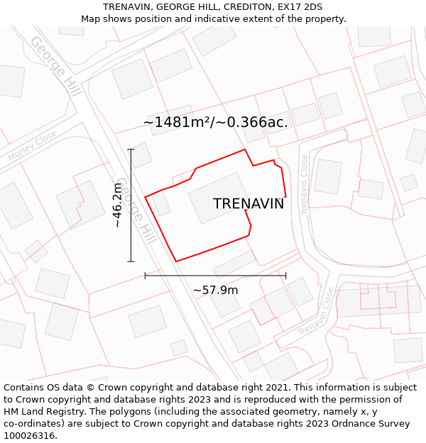 TRENAVIN, GEORGE HILL, CREDITON, EX17 2DS: Plot and title map