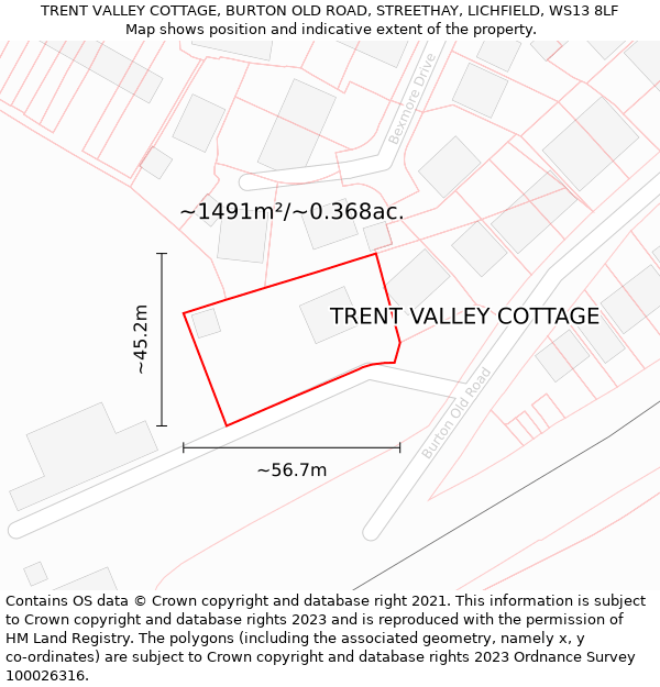 TRENT VALLEY COTTAGE, BURTON OLD ROAD, STREETHAY, LICHFIELD, WS13 8LF: Plot and title map