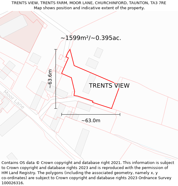 TRENTS VIEW, TRENTS FARM, MOOR LANE, CHURCHINFORD, TAUNTON, TA3 7RE: Plot and title map