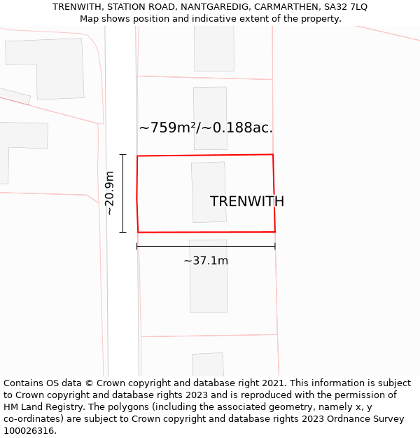 TRENWITH, STATION ROAD, NANTGAREDIG, CARMARTHEN, SA32 7LQ: Plot and title map