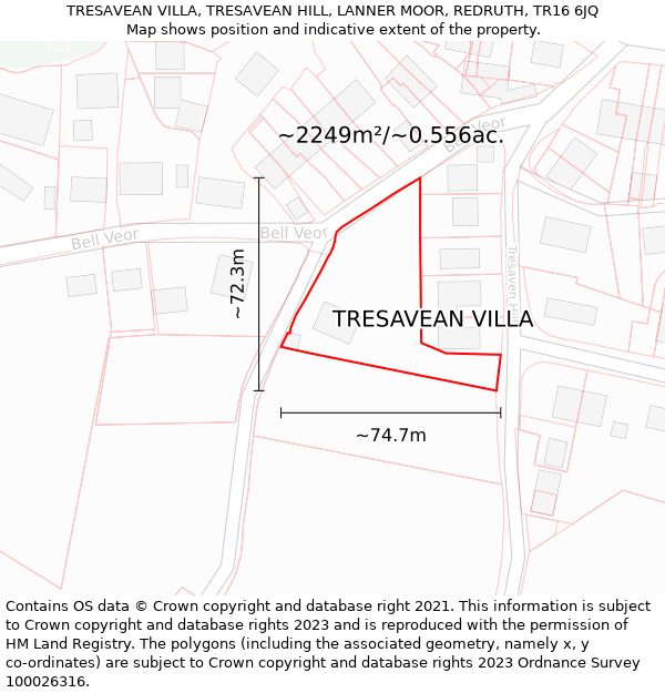 TRESAVEAN VILLA, TRESAVEAN HILL, LANNER MOOR, REDRUTH, TR16 6JQ: Plot and title map