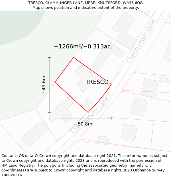 TRESCO, CLAMHUNGER LANE, MERE, KNUTSFORD, WA16 6QG: Plot and title map
