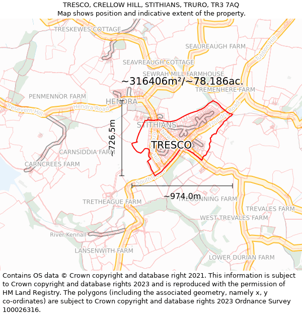 TRESCO, CRELLOW HILL, STITHIANS, TRURO, TR3 7AQ: Plot and title map