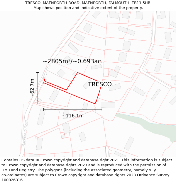 TRESCO, MAENPORTH ROAD, MAENPORTH, FALMOUTH, TR11 5HR: Plot and title map