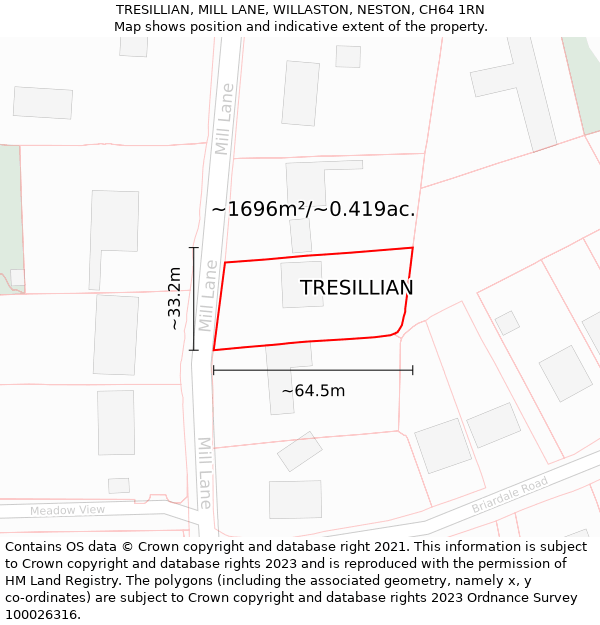 TRESILLIAN, MILL LANE, WILLASTON, NESTON, CH64 1RN: Plot and title map