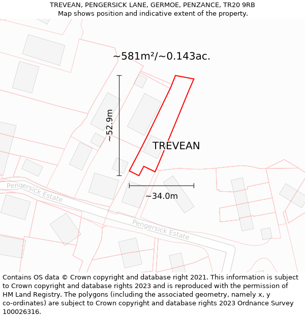 TREVEAN, PENGERSICK LANE, GERMOE, PENZANCE, TR20 9RB: Plot and title map