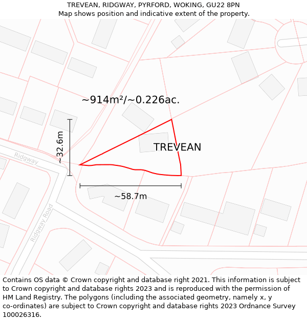 TREVEAN, RIDGWAY, PYRFORD, WOKING, GU22 8PN: Plot and title map