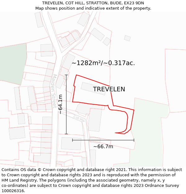 TREVELEN, COT HILL, STRATTON, BUDE, EX23 9DN: Plot and title map