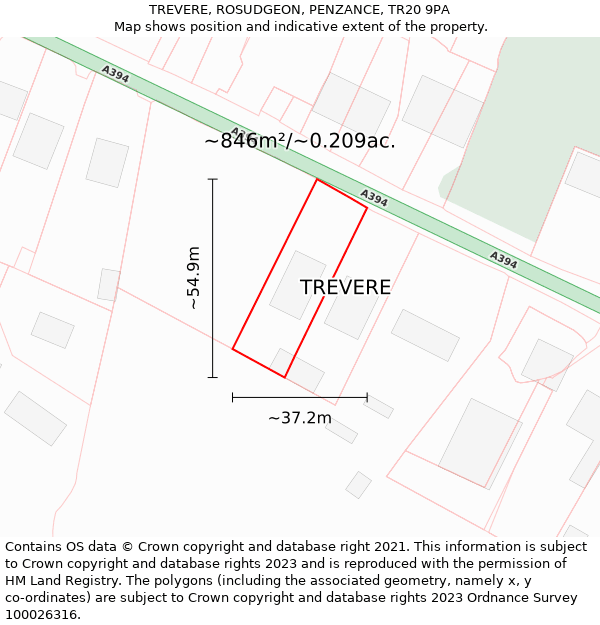 TREVERE, ROSUDGEON, PENZANCE, TR20 9PA: Plot and title map