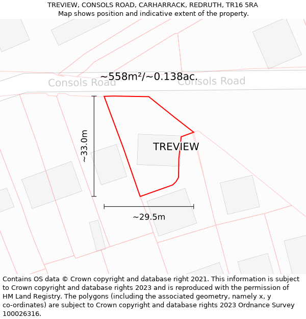 TREVIEW, CONSOLS ROAD, CARHARRACK, REDRUTH, TR16 5RA: Plot and title map