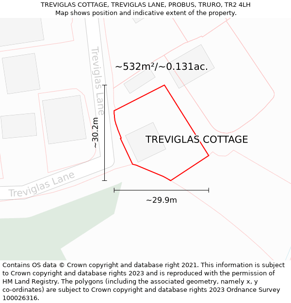 TREVIGLAS COTTAGE, TREVIGLAS LANE, PROBUS, TRURO, TR2 4LH: Plot and title map