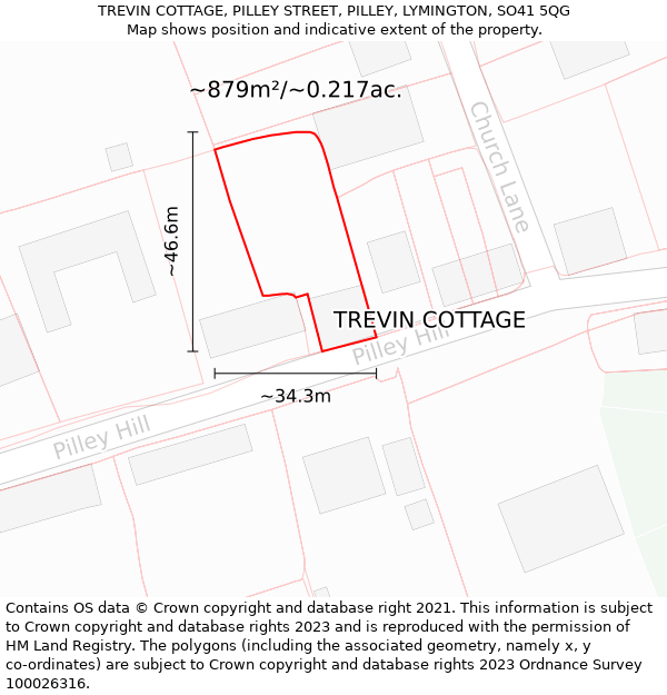 TREVIN COTTAGE, PILLEY STREET, PILLEY, LYMINGTON, SO41 5QG: Plot and title map