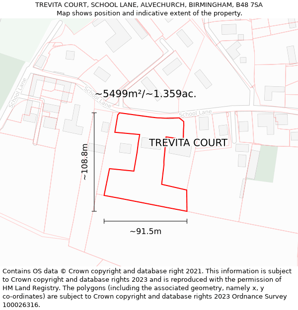 TREVITA COURT, SCHOOL LANE, ALVECHURCH, BIRMINGHAM, B48 7SA: Plot and title map