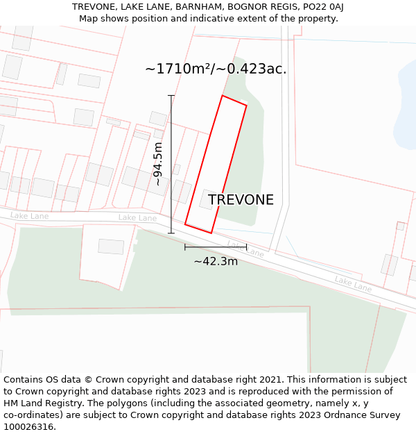 TREVONE, LAKE LANE, BARNHAM, BOGNOR REGIS, PO22 0AJ: Plot and title map