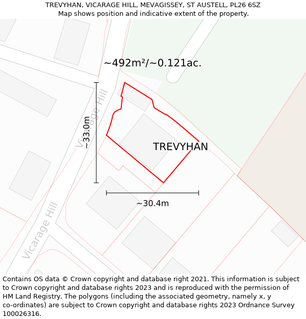 TREVYHAN, VICARAGE HILL, MEVAGISSEY, ST AUSTELL, PL26 6SZ: Plot and title map