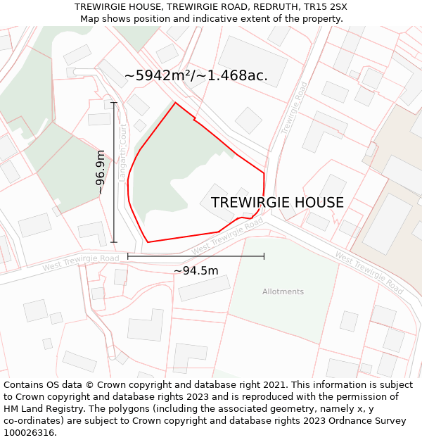 TREWIRGIE HOUSE, TREWIRGIE ROAD, REDRUTH, TR15 2SX: Plot and title map