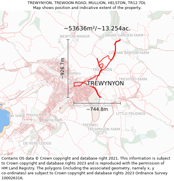 TREWYNYON, TREWOON ROAD, MULLION, HELSTON, TR12 7DL: Plot and title map