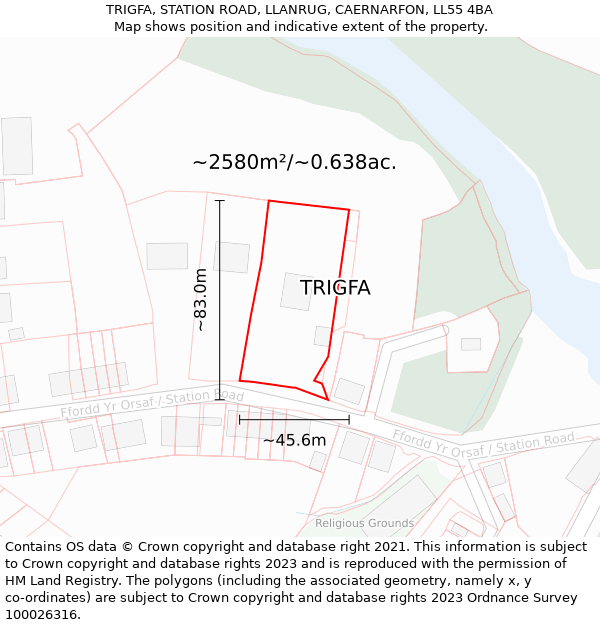 TRIGFA, STATION ROAD, LLANRUG, CAERNARFON, LL55 4BA: Plot and title map