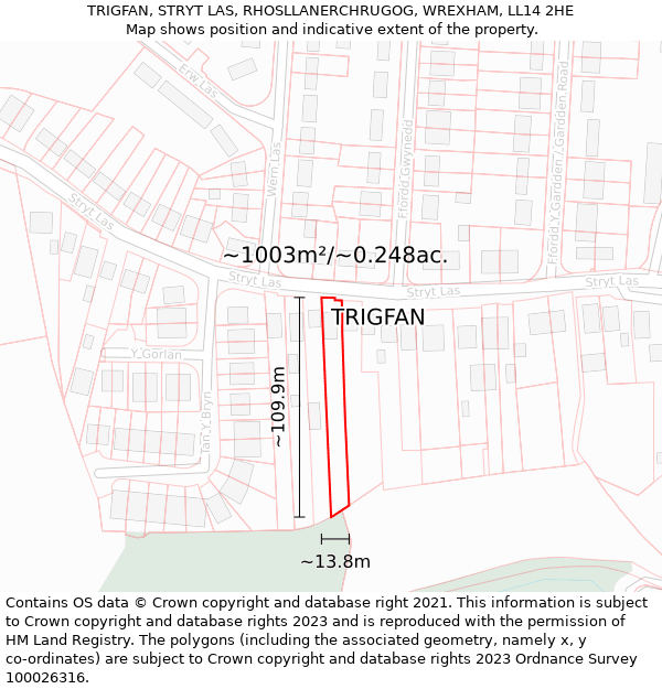 TRIGFAN, STRYT LAS, RHOSLLANERCHRUGOG, WREXHAM, LL14 2HE: Plot and title map