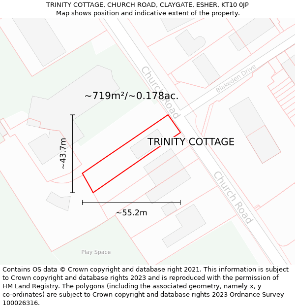 TRINITY COTTAGE, CHURCH ROAD, CLAYGATE, ESHER, KT10 0JP: Plot and title map