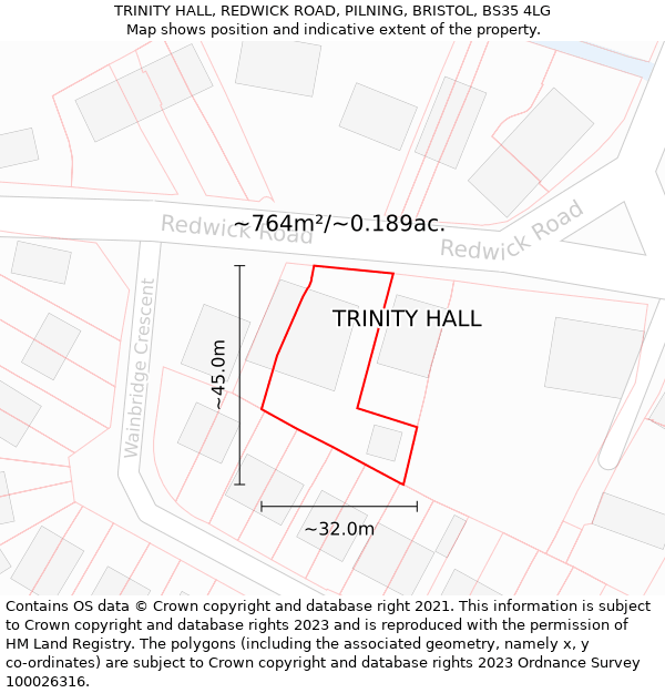 TRINITY HALL, REDWICK ROAD, PILNING, BRISTOL, BS35 4LG: Plot and title map