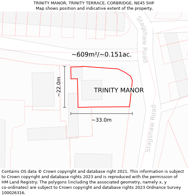 TRINITY MANOR, TRINITY TERRACE, CORBRIDGE, NE45 5HP: Plot and title map
