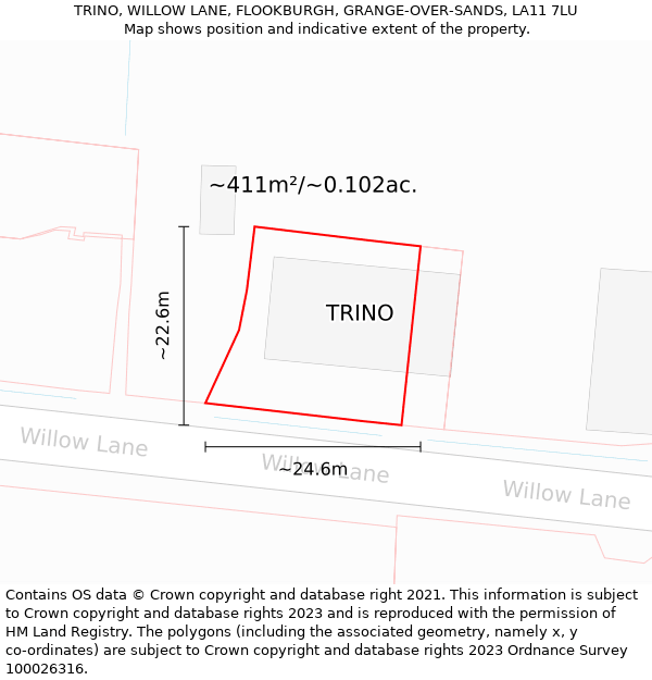 TRINO, WILLOW LANE, FLOOKBURGH, GRANGE-OVER-SANDS, LA11 7LU: Plot and title map