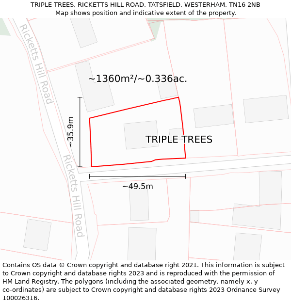TRIPLE TREES, RICKETTS HILL ROAD, TATSFIELD, WESTERHAM, TN16 2NB: Plot and title map
