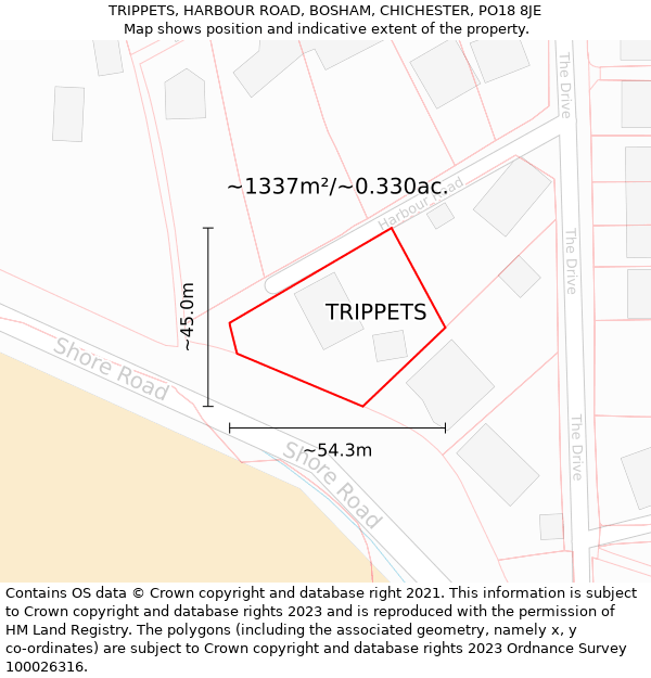 TRIPPETS, HARBOUR ROAD, BOSHAM, CHICHESTER, PO18 8JE: Plot and title map