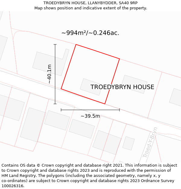 TROEDYBRYN HOUSE, LLANYBYDDER, SA40 9RP: Plot and title map