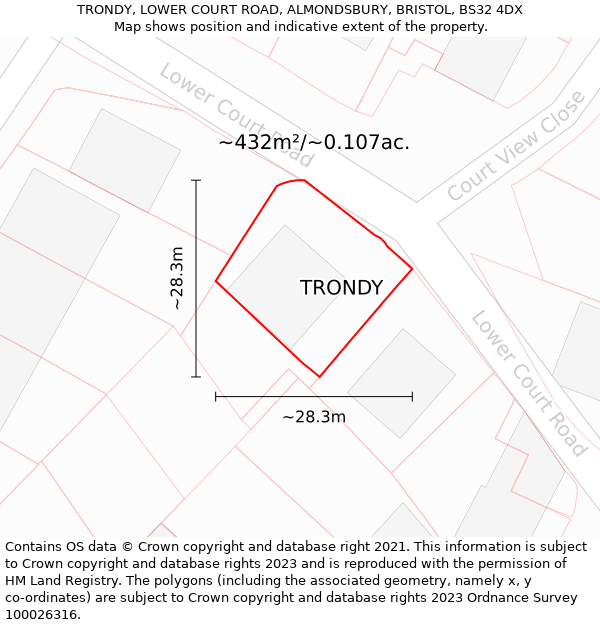 TRONDY, LOWER COURT ROAD, ALMONDSBURY, BRISTOL, BS32 4DX: Plot and title map