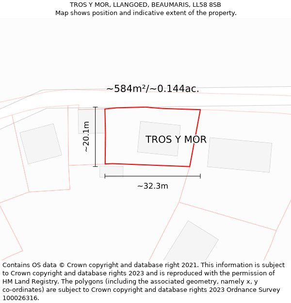 TROS Y MOR, LLANGOED, BEAUMARIS, LL58 8SB: Plot and title map