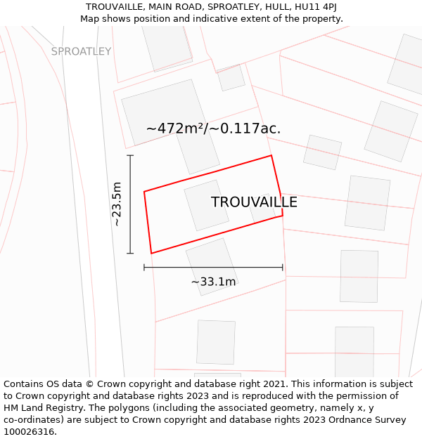 TROUVAILLE, MAIN ROAD, SPROATLEY, HULL, HU11 4PJ: Plot and title map