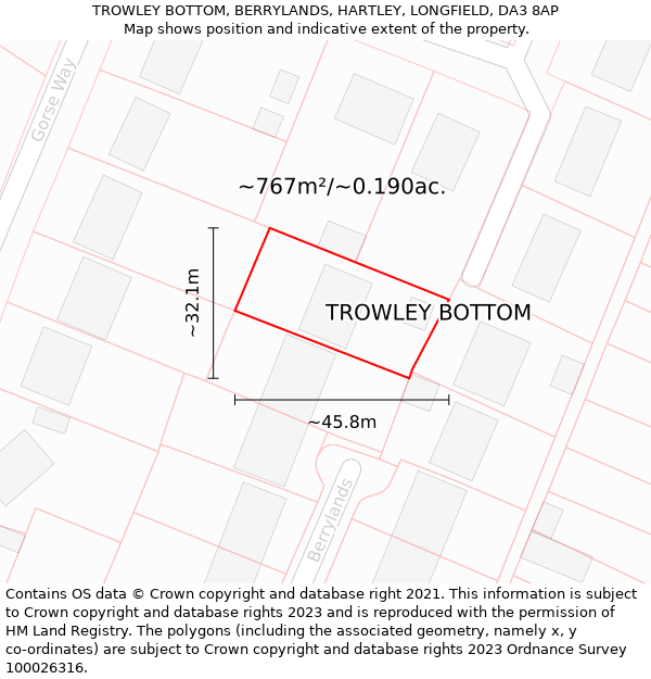 TROWLEY BOTTOM, BERRYLANDS, HARTLEY, LONGFIELD, DA3 8AP: Plot and title map