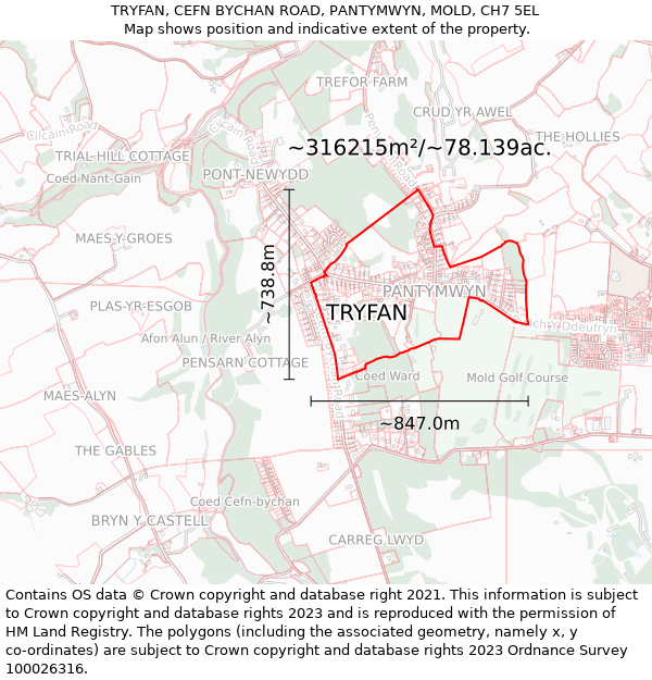 TRYFAN, CEFN BYCHAN ROAD, PANTYMWYN, MOLD, CH7 5EL: Plot and title map