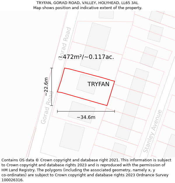 TRYFAN, GORAD ROAD, VALLEY, HOLYHEAD, LL65 3AL: Plot and title map