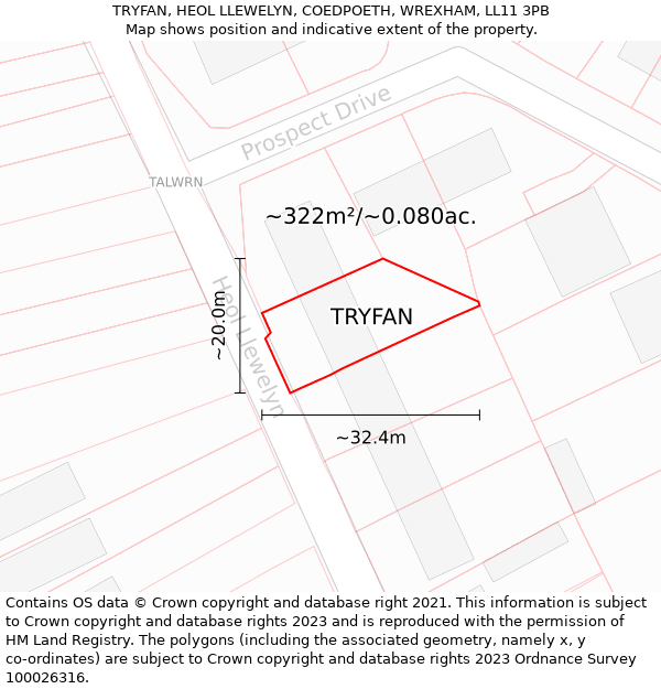 TRYFAN, HEOL LLEWELYN, COEDPOETH, WREXHAM, LL11 3PB: Plot and title map