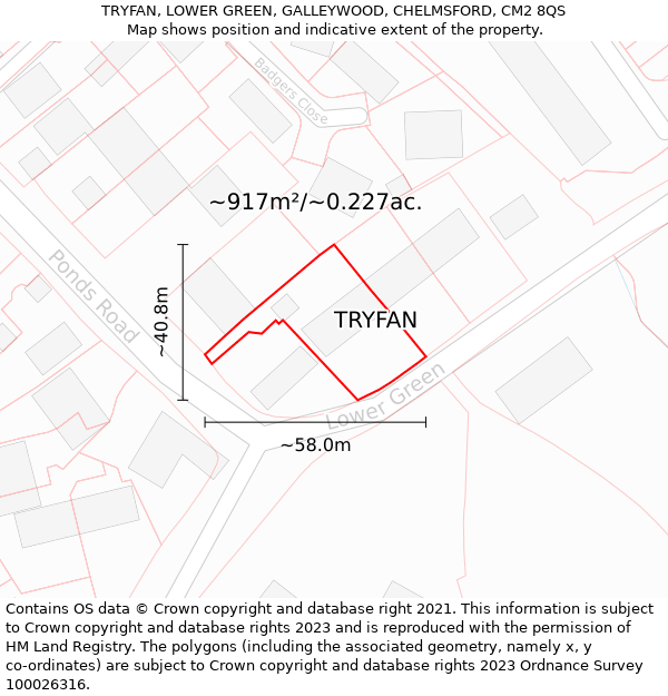 TRYFAN, LOWER GREEN, GALLEYWOOD, CHELMSFORD, CM2 8QS: Plot and title map