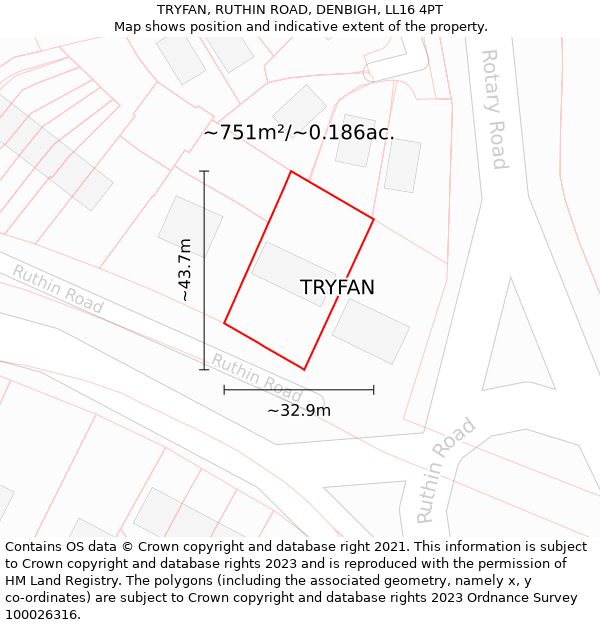 TRYFAN, RUTHIN ROAD, DENBIGH, LL16 4PT: Plot and title map