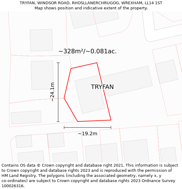 TRYFAN, WINDSOR ROAD, RHOSLLANERCHRUGOG, WREXHAM, LL14 1ST: Plot and title map