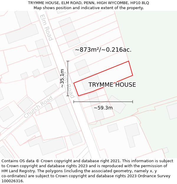 TRYMME HOUSE, ELM ROAD, PENN, HIGH WYCOMBE, HP10 8LQ: Plot and title map