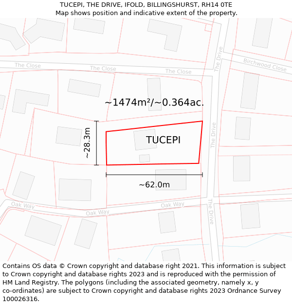 TUCEPI, THE DRIVE, IFOLD, BILLINGSHURST, RH14 0TE: Plot and title map