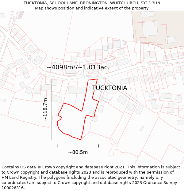 TUCKTONIA, SCHOOL LANE, BRONINGTON, WHITCHURCH, SY13 3HN: Plot and title map