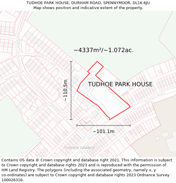 TUDHOE PARK HOUSE, DURHAM ROAD, SPENNYMOOR, DL16 6JU: Plot and title map