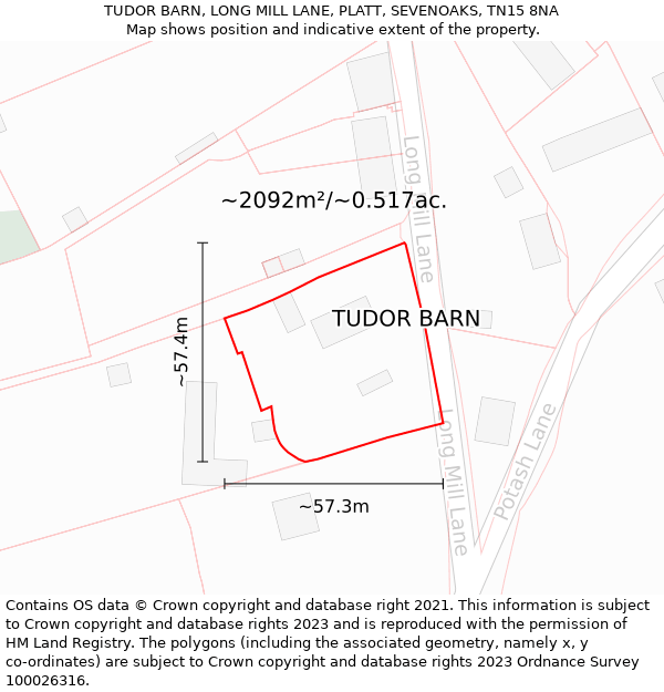 TUDOR BARN, LONG MILL LANE, PLATT, SEVENOAKS, TN15 8NA: Plot and title map