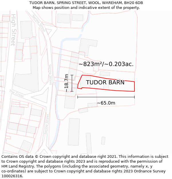 TUDOR BARN, SPRING STREET, WOOL, WAREHAM, BH20 6DB: Plot and title map