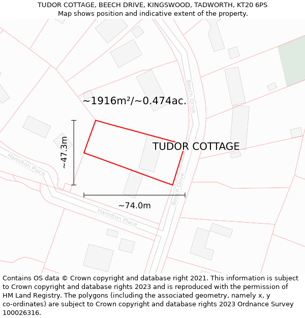 TUDOR COTTAGE, BEECH DRIVE, KINGSWOOD, TADWORTH, KT20 6PS: Plot and title map