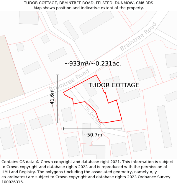 TUDOR COTTAGE, BRAINTREE ROAD, FELSTED, DUNMOW, CM6 3DS: Plot and title map